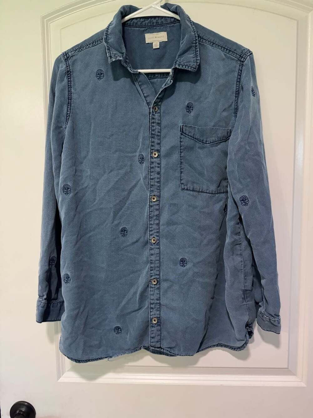 Lucky Brand Boyfriend Shirt Southwestern Embroidered Faded Blue Women’s L